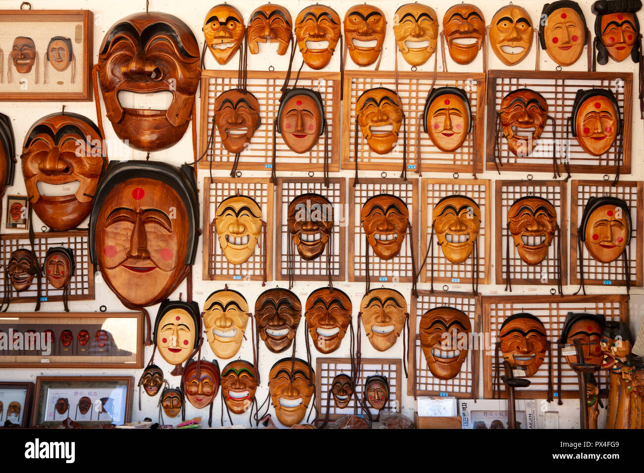 Korean traditional wooden masks display in a market, Hahoe Village in