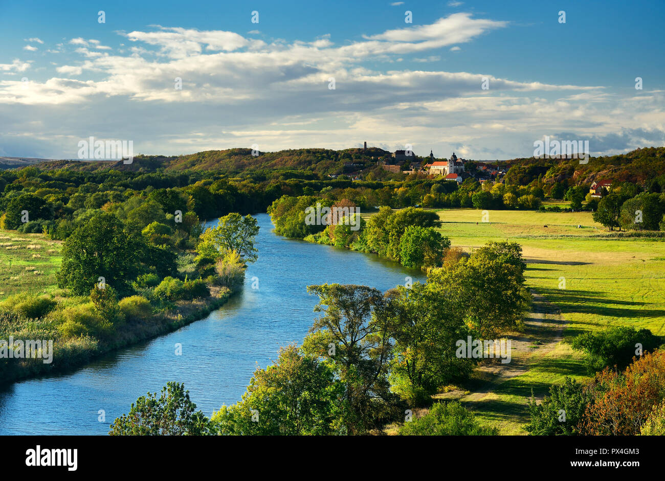 River Saale with Wettin Castle, Wettin, Lower Saale Valley nature park Park, Saxony-Anhalt, Germany Stock Photo