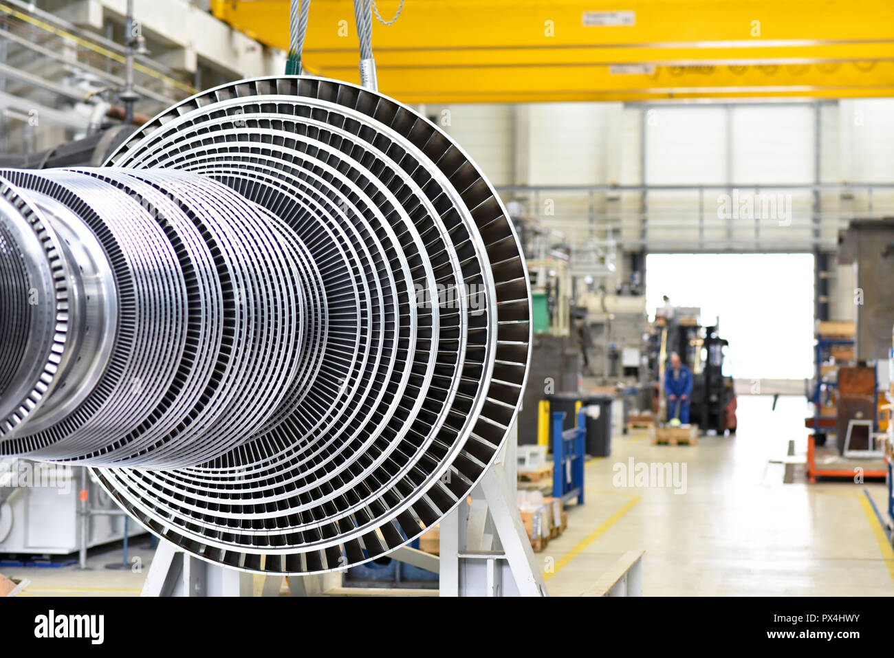production of modern gas turbines in an industrial plant - closeup of the turbine made of steel Stock Photo