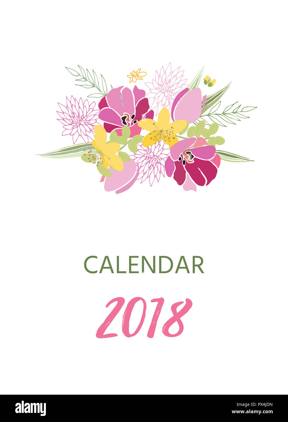 Printable 2018 Calendar with pretty colorful flowers Stock Photo - Alamy