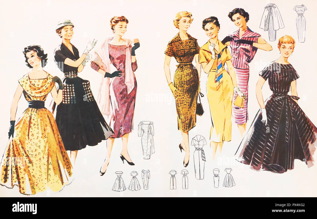 Clothes from silk for women. Fashion 1958-1959 Stock Photo
