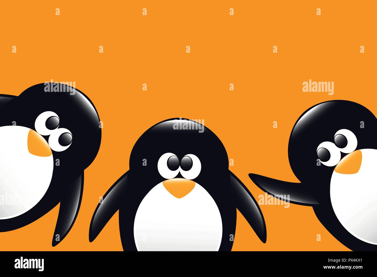 three funny penguins cartoon on orange background vector illustration EPS10 Stock Vector