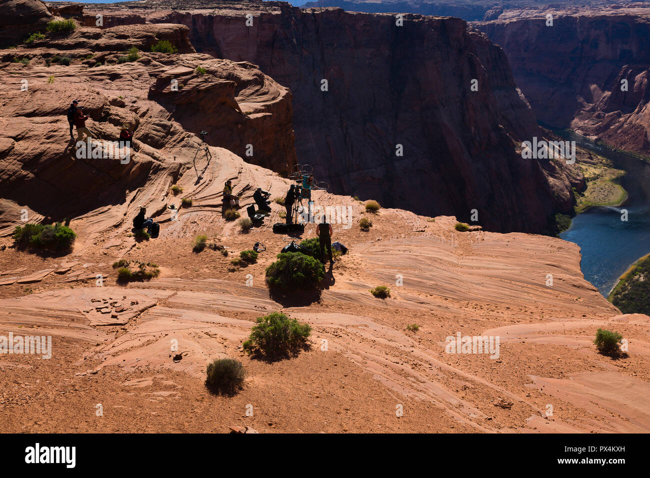 Horseshoe Bend. Film crew recording Navajo hoop dancing demonstration. Stock Photo