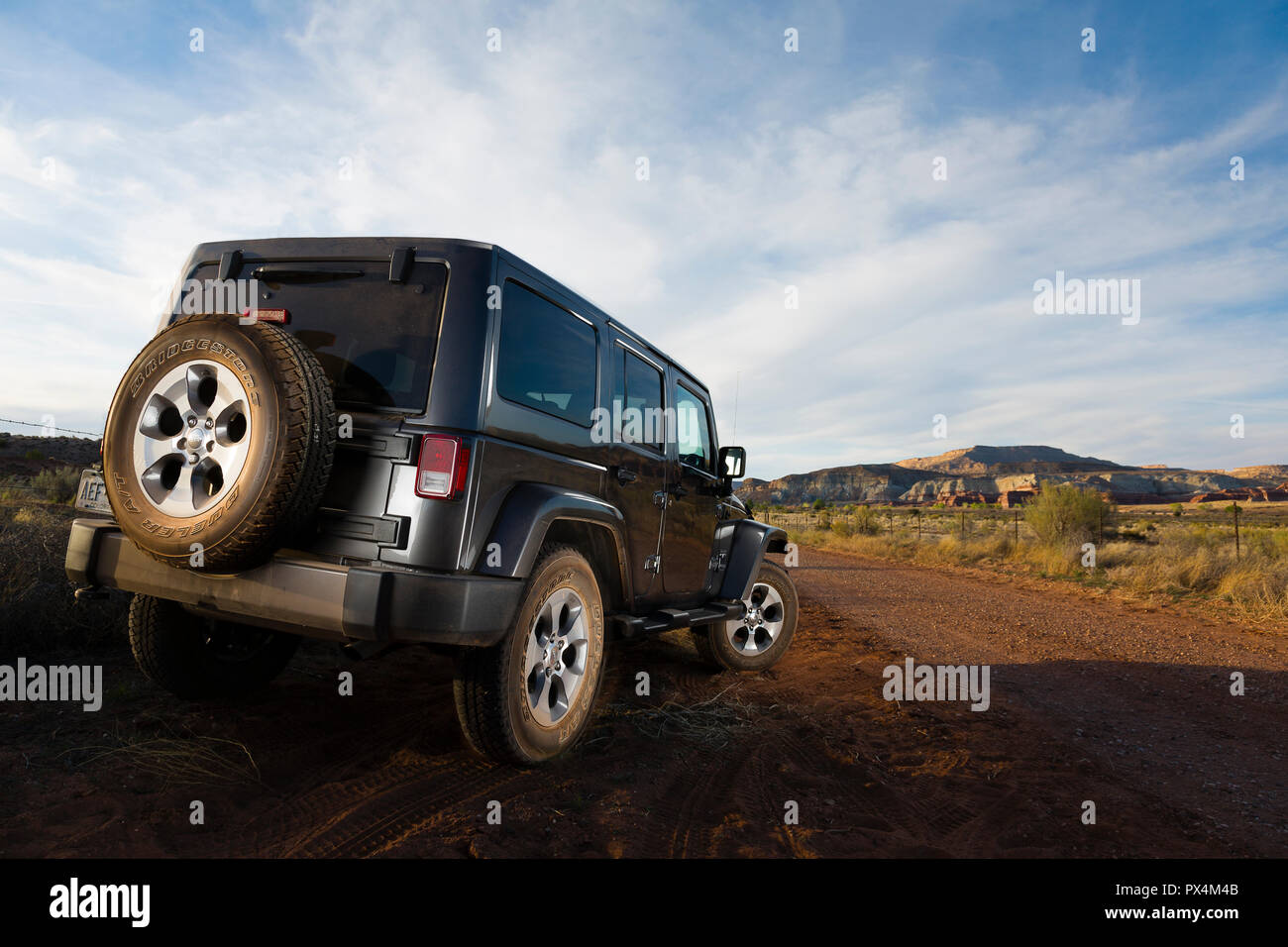 Arizona, USA. Jeep Wranger viewed from behind on desert track. Stock Photo