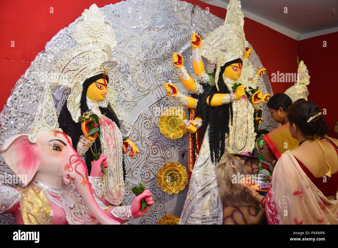 Durga Puja / Navratri in kolkata, India ends with the celebration of 'Sindoor Khela'. ('vermillion game'). Hindu women specially bengali women smear e Stock Photo