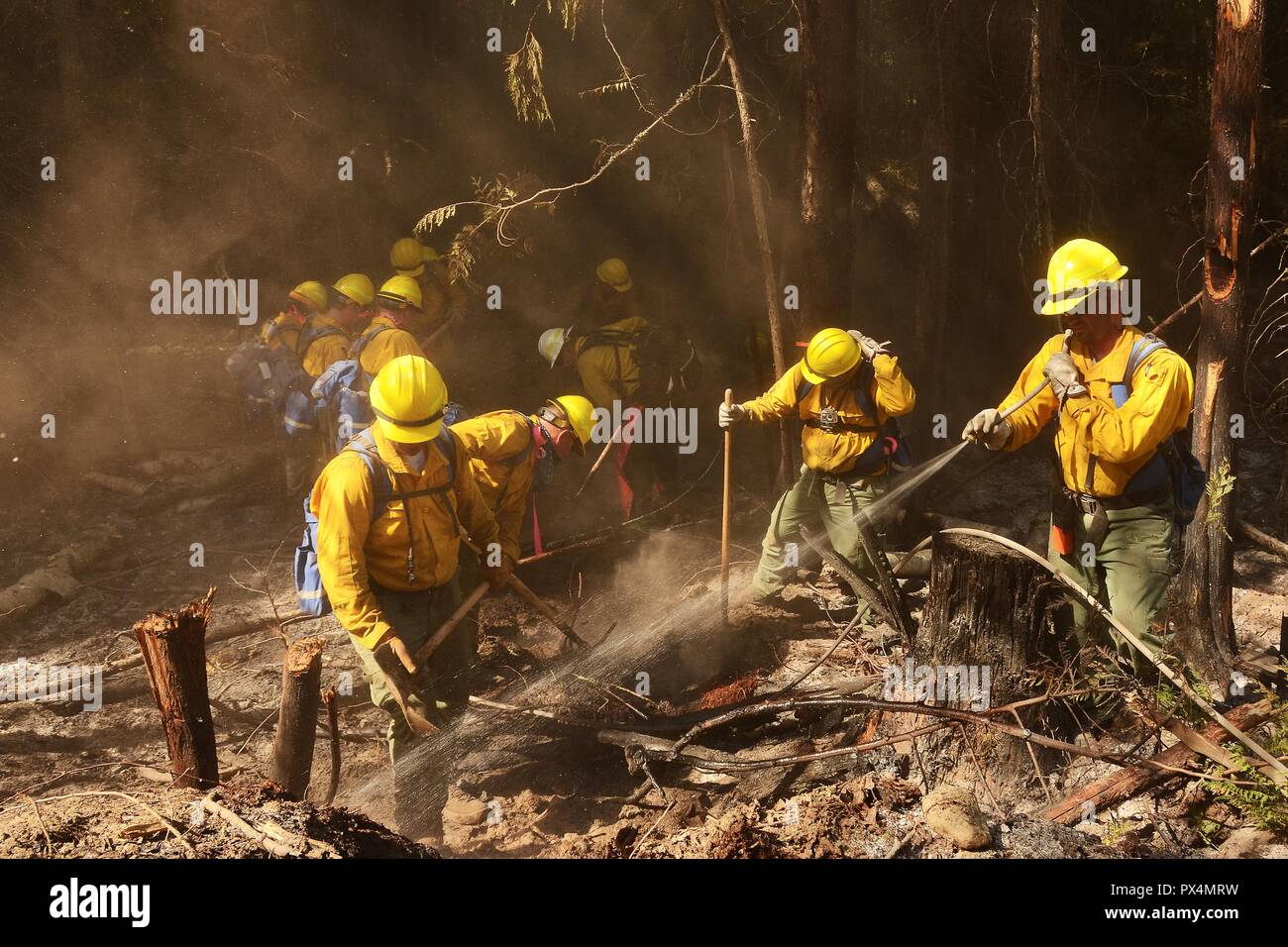 Airmen from the Washington Air National Guard search for remaining embers in a forested area, one in the right foreground uses a hose to dampen the ground, while fighting the Sheep Creek Fire, located in the Sheep Creek area near Northport, Washington, USA, image courtesy Technical sergeant Timothy Chacon and the Joint Forces Headquarters, Washington National Guard, August 6, 2018. () Stock Photo