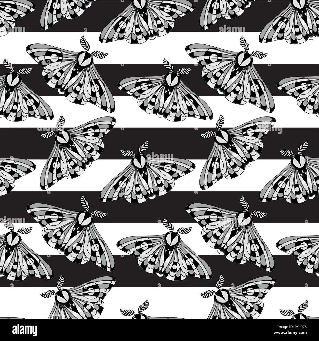 Night moth on black and white stripes. Strap black and white patternless pattern. Use on the T-shirt and textile Stock Vector