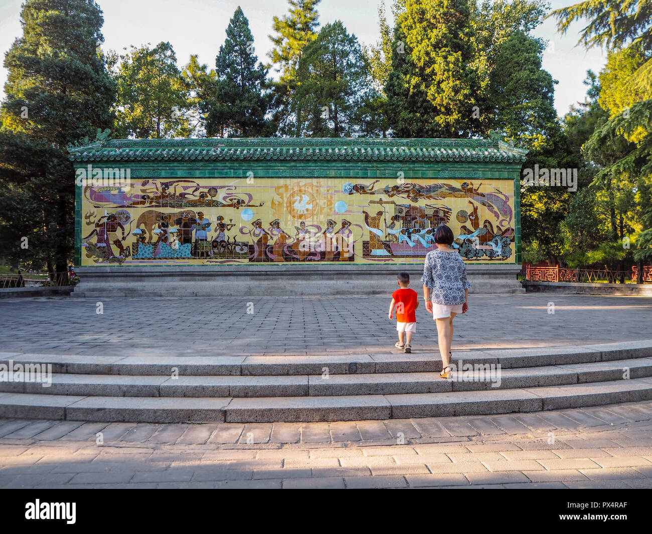 15 meter long chinese mural depicting the worship ritual of the sun in the temple of the sun in Chaoyang district in Beijing, China Stock Photo