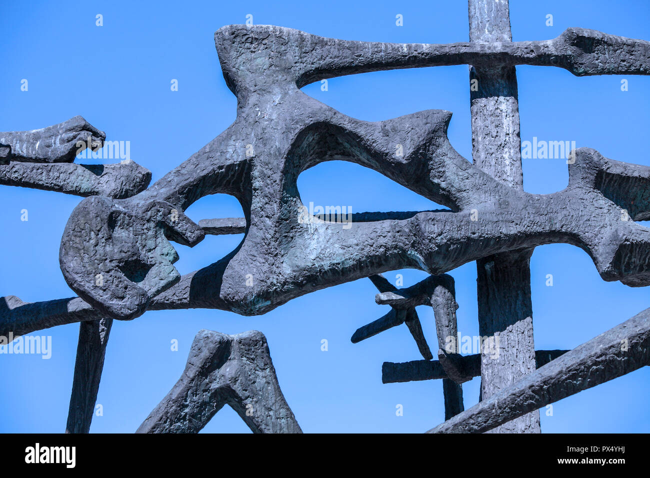 Sculptures and Memorials to those who suffered inhumane treatment within the confines of Dachau Concentration Camp in Germany of which many were Jews. Stock Photo