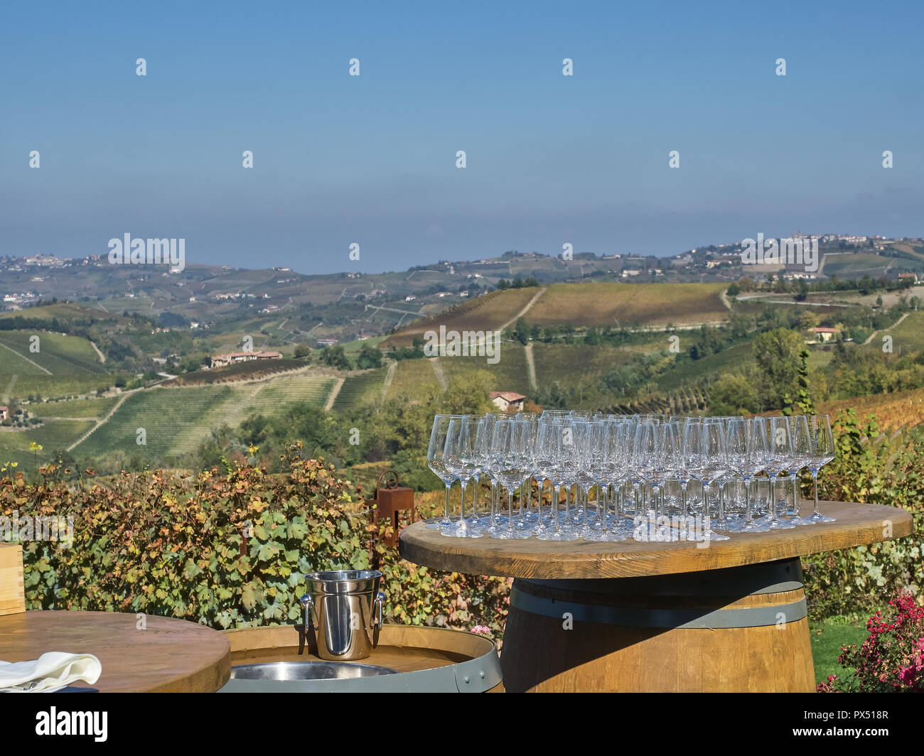 View of a group of wine glasses on the Langhe countryisde. It's a very popular place because of the good wines and food Stock Photo