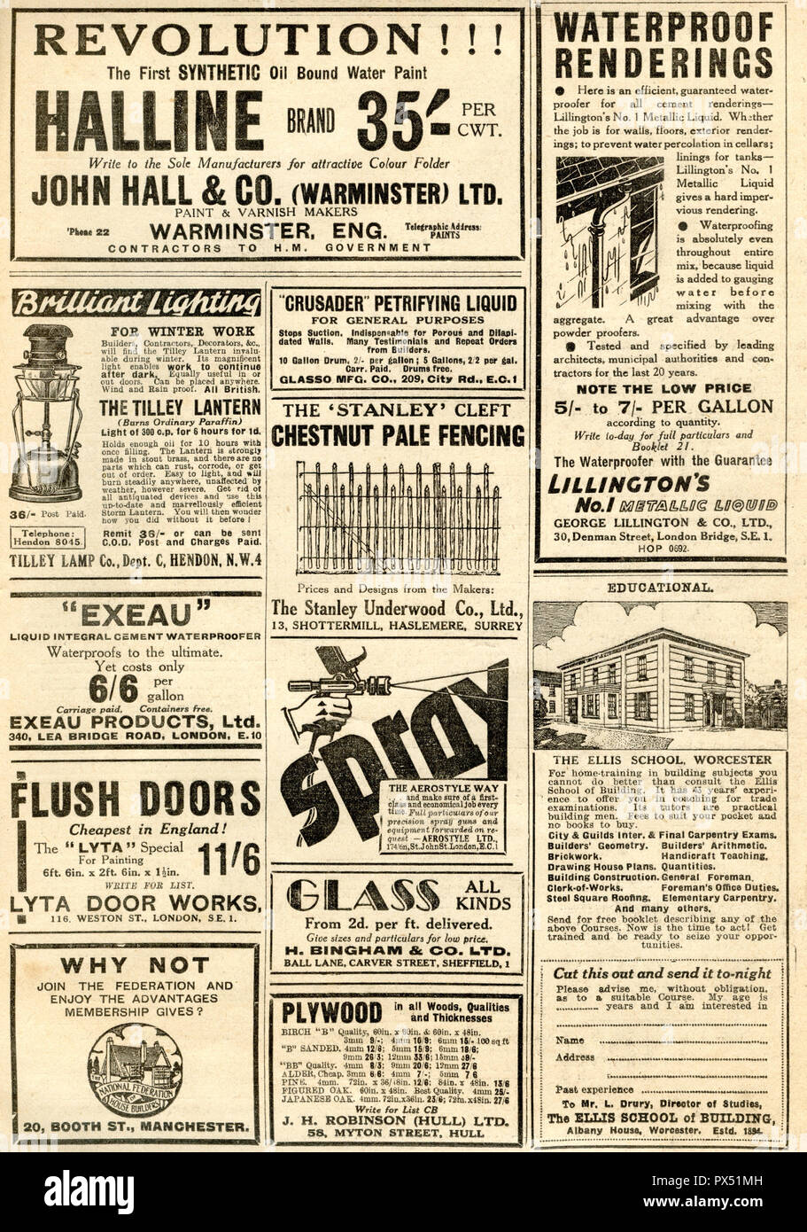 Vintage advertisement selection for hardware tools and building supplies and services dated January 17th 1936 in the Illustrated Carpenter and Builder magazine Stock Photo