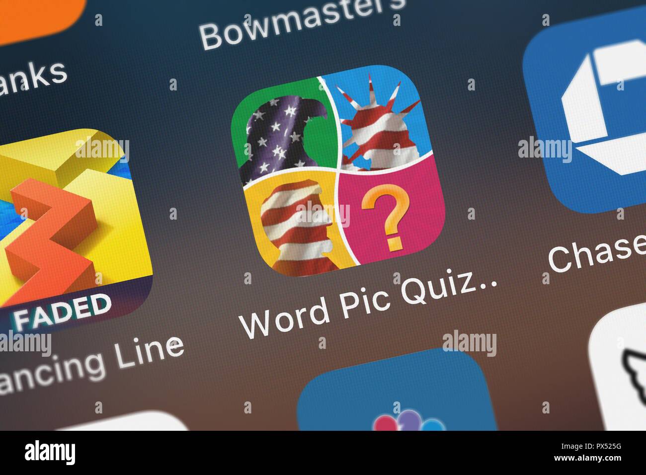London, United Kingdom - October 19, 2018: Screenshot of the Word Pic Quiz Patriot Test - test your knowledge of American Icons, Landmarks and Pastime Stock Photo