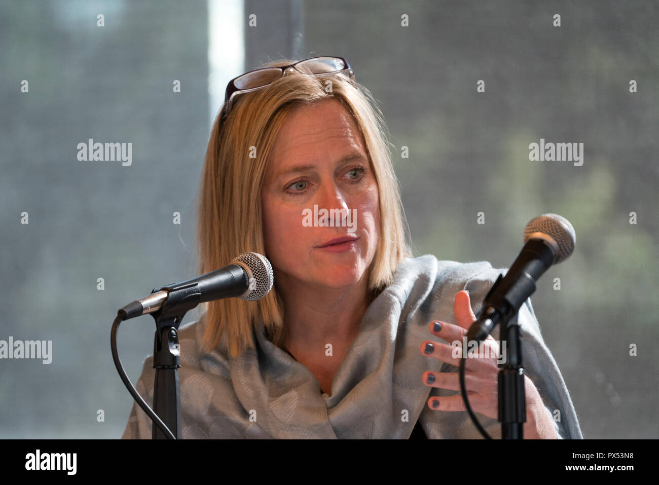 Melinda Katz, Queens Borough President, speaking on a panel about financing New York’s infrastructure needs at a conference entitled “Rebuilding NY.”  Stock Photo