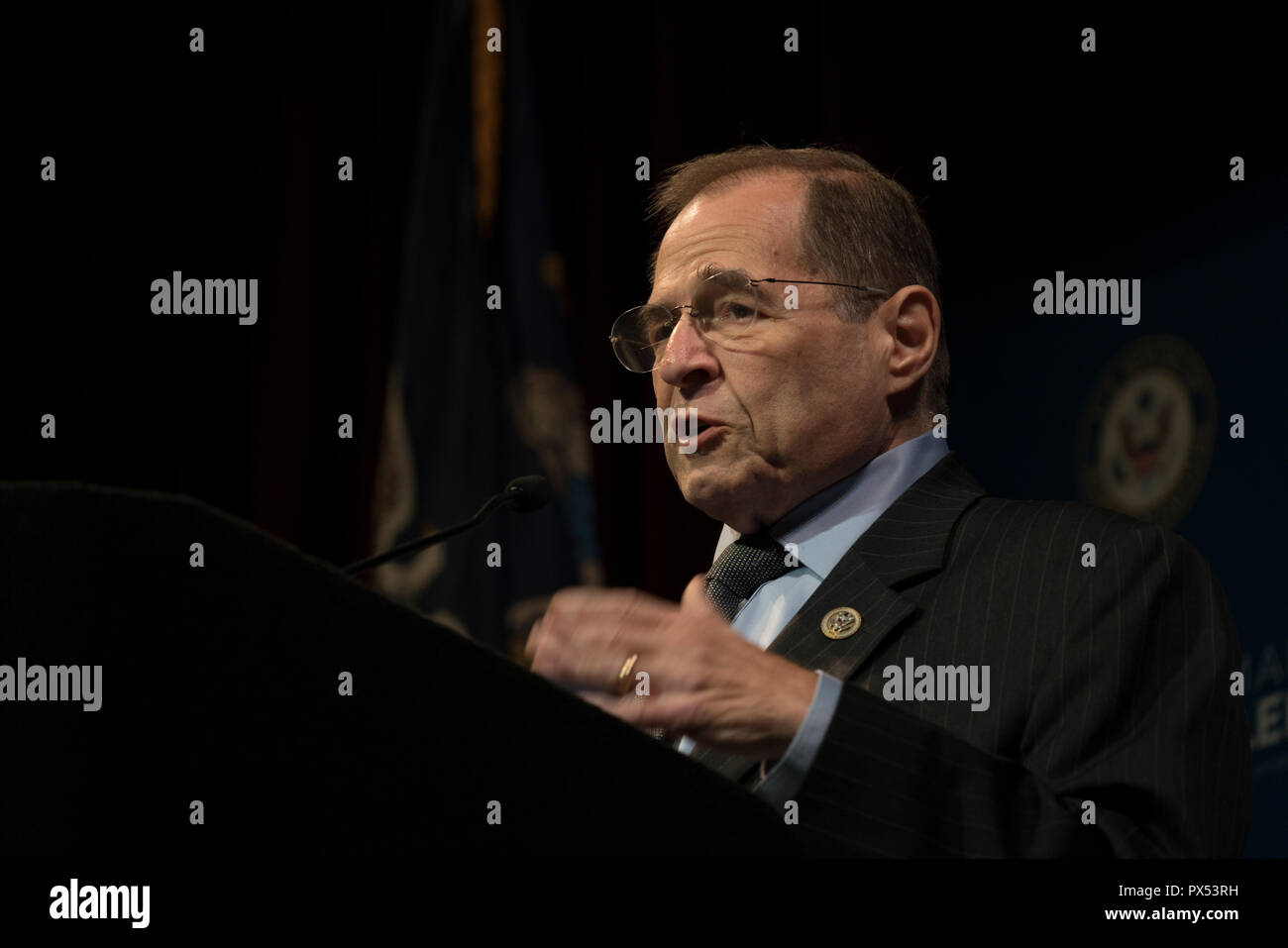 Congressman Jerrold Nadler (D-NY), who represents the 10th Congressional District, speaking at a Town Hall meeting in Manhattan on Oct. 9, 2018. Stock Photo