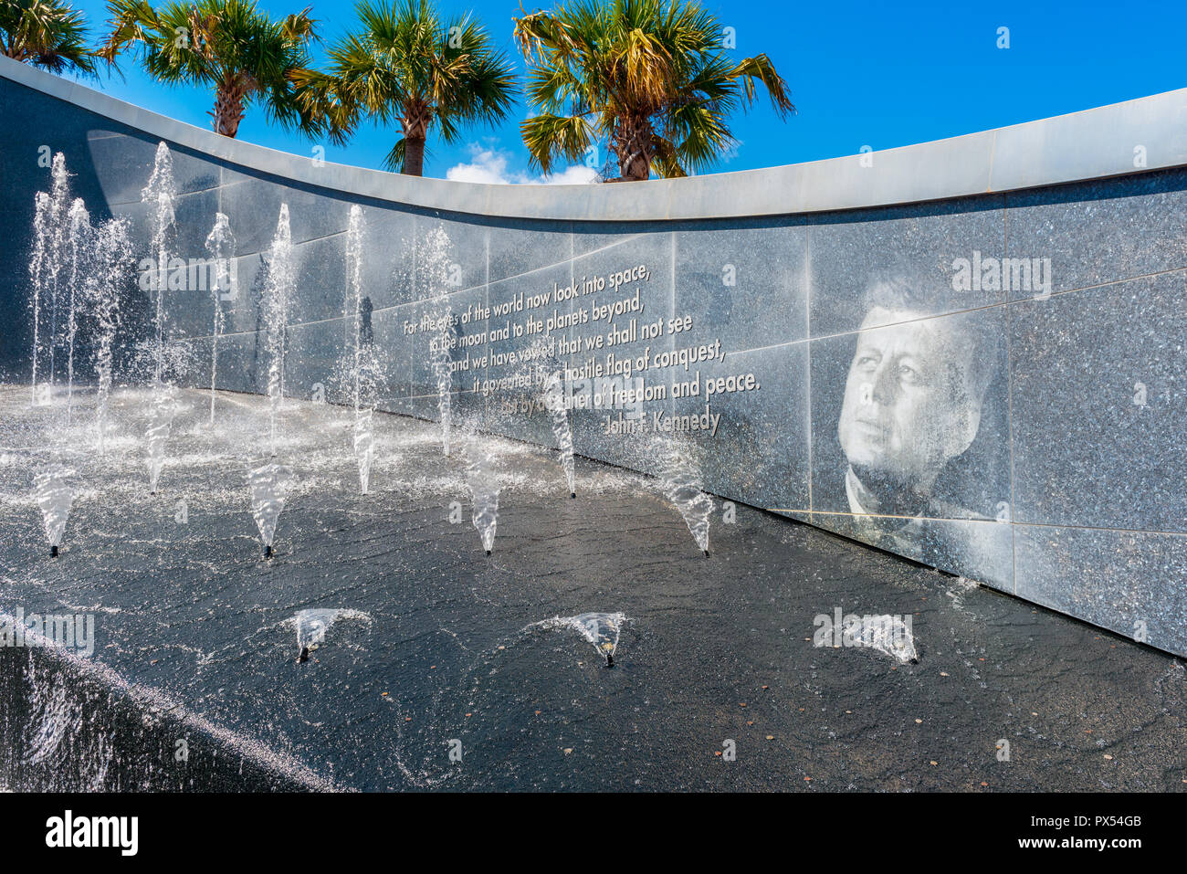 Snippet from 1962 Moon Speech by President John F. Kennedy on wall at Kennedy Space Center Visitor Complex in Cape Canaveral Florida USA Stock Photo