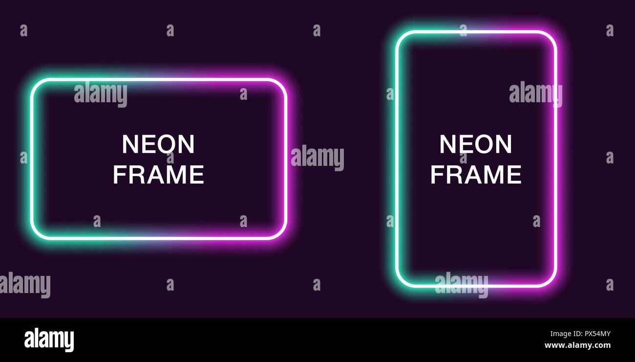 Neon frame in rectangular shape. Vector template of neon border in turquoise and purple color, creative glowing rectangular in outline. Background for Stock Vector
