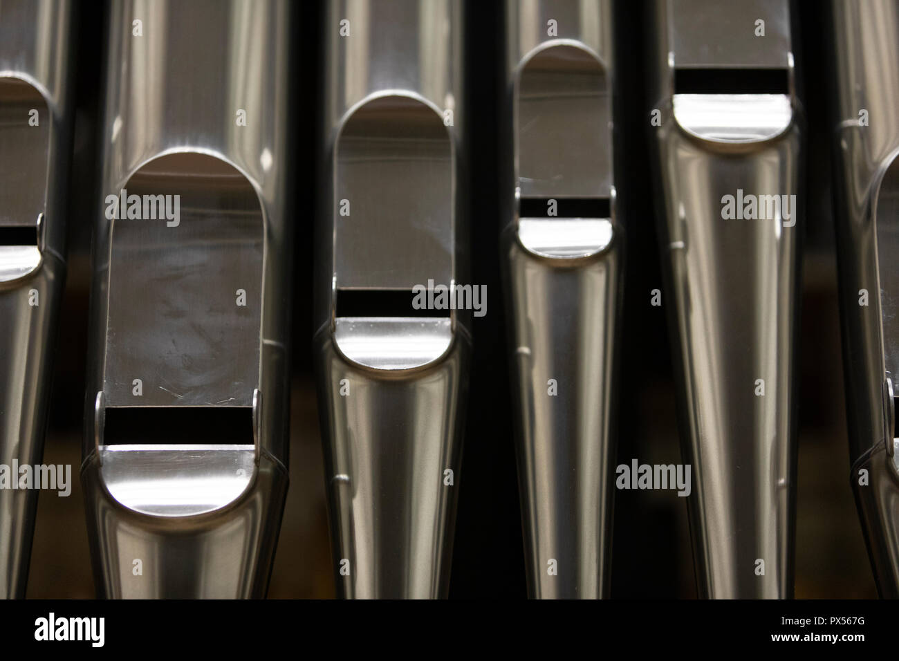 Shiny large metal organ pipes Stock Photo Alamy
