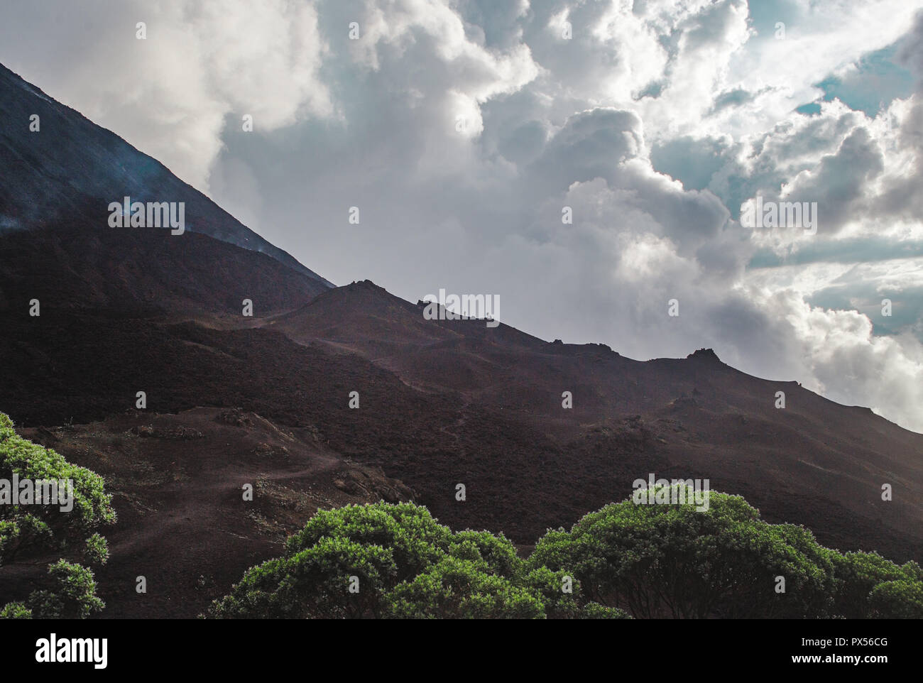 Tourists hike the changing landscapes around the Volcan Pacaya, one of Guatemala's most active volcanoes, from black volcanic rock to lush green fores Stock Photo