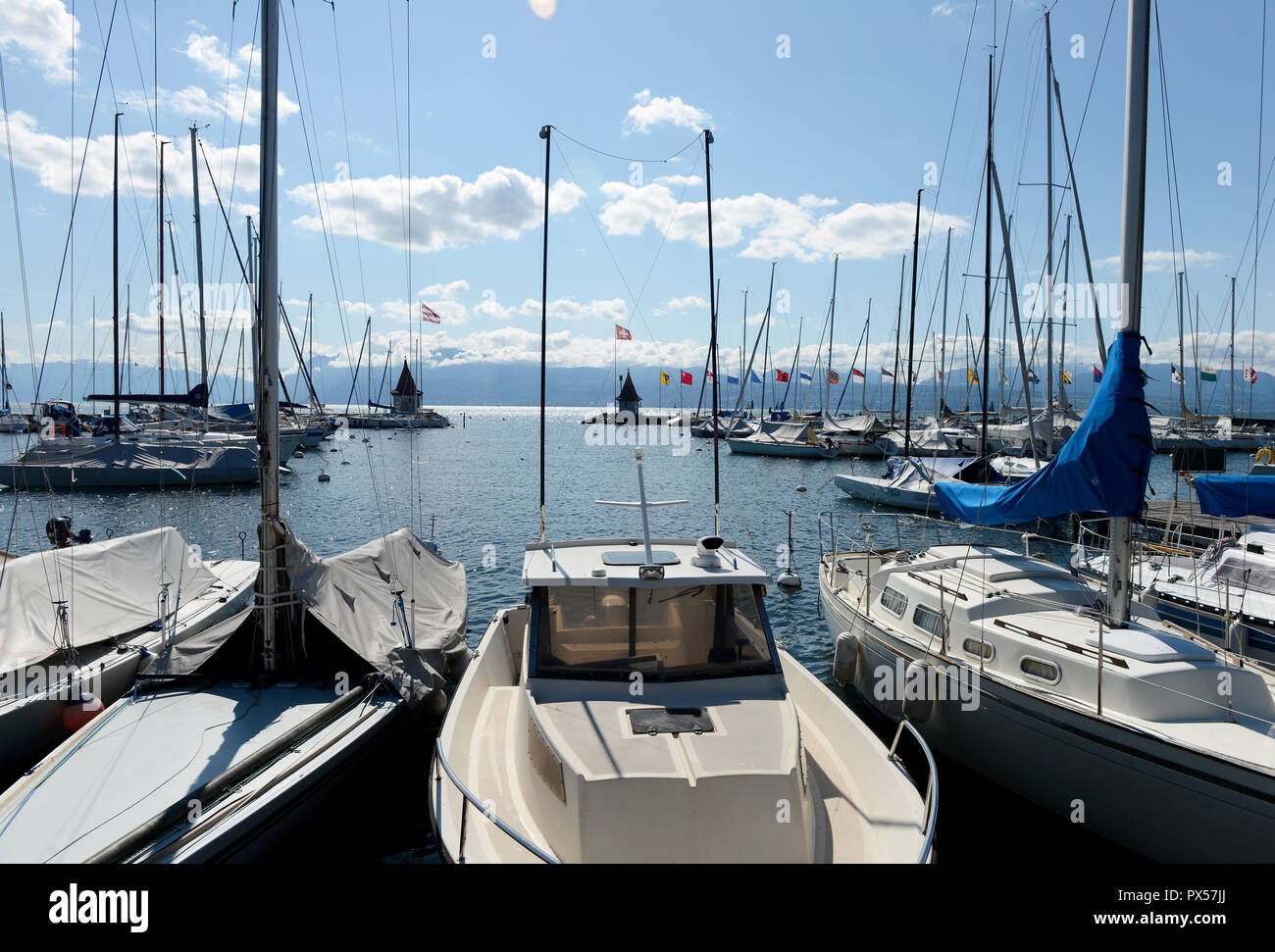 Harbour in Morges, a small town between Fribourg and Lausanne Stock Photo