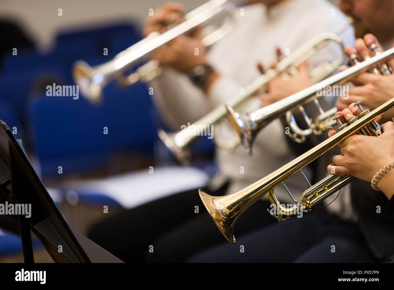 People playing the trumpet during rehearsal Stock Photo - Alamy