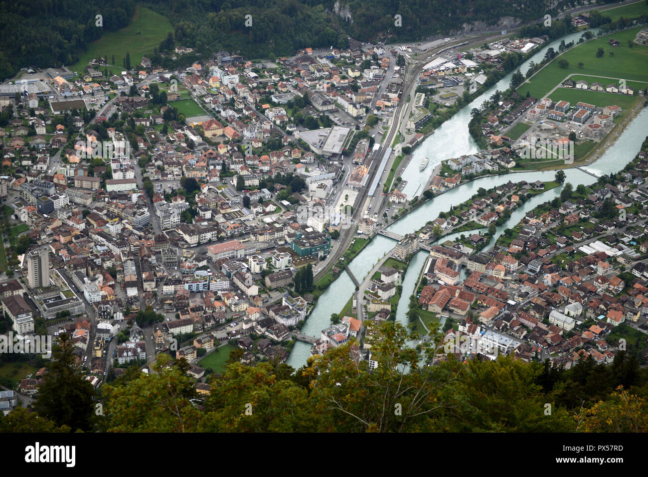 Interlaken -aerial view from Harderklum, Switzerland Stock Photo