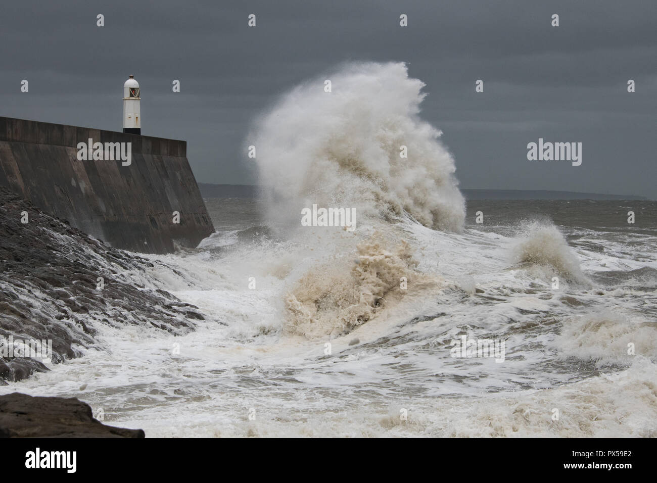 Storm Waves Breaking Against Porthcawl Breakwater Stock Photo