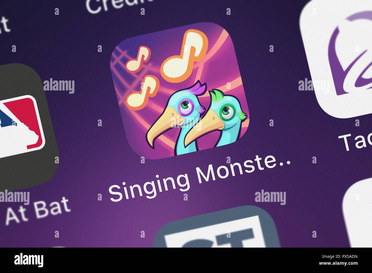 London, United Kingdom - October 19, 2018: Close-up shot of Big Blue Bubble's popular app My Singing Monsters Composer. Stock Photo