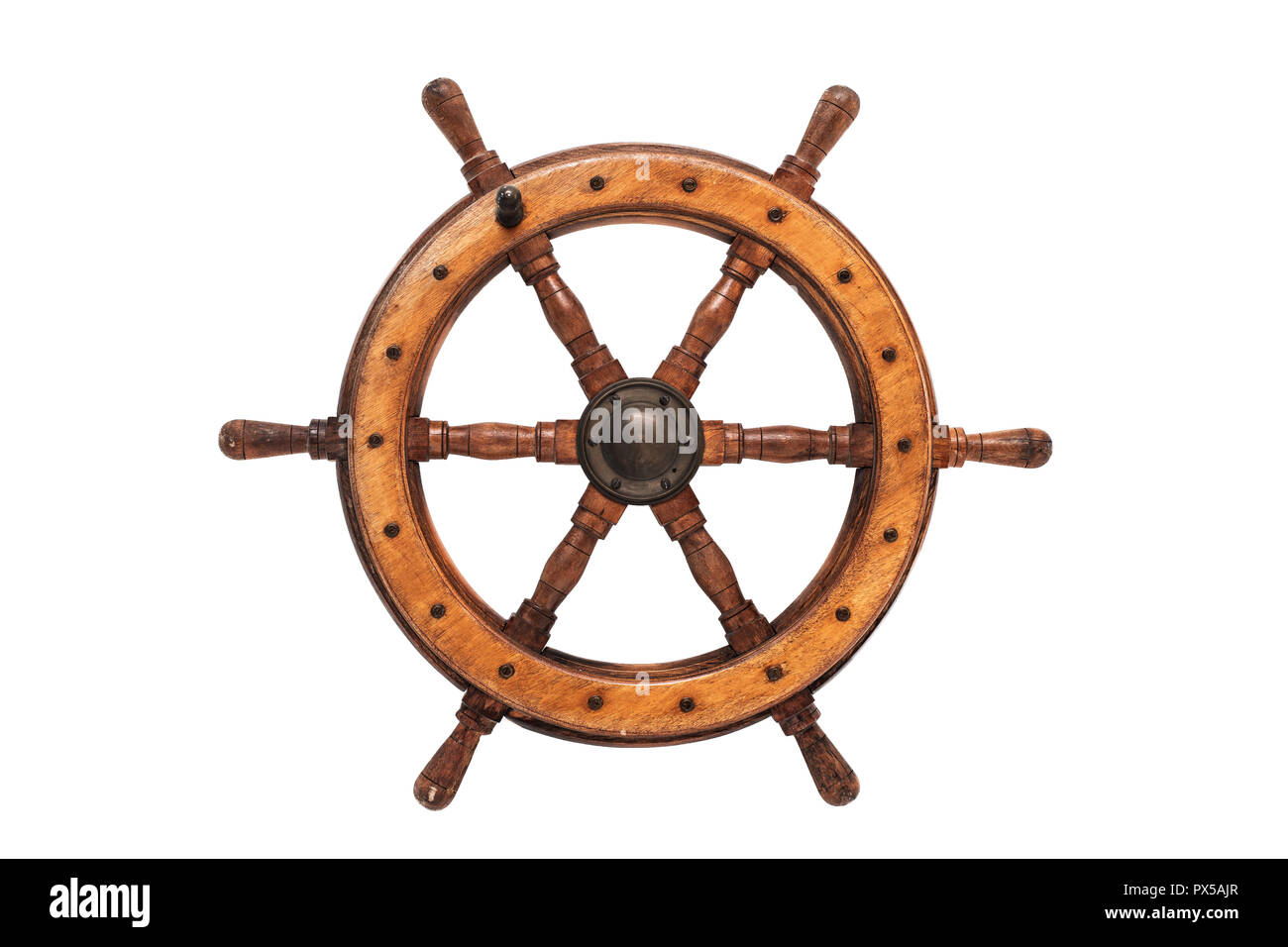 Isolated Vintage Wooden And Brass Ship's Steering Wheel With White Background Stock Photo