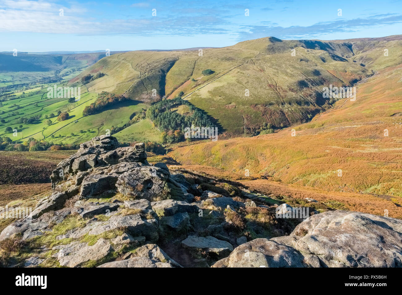 Grindslow Knoll and Grindsbrook Clough from Ringing Roger on Kinder Scout in The Peak District National Park, Derbyshire,UK Stock Photo