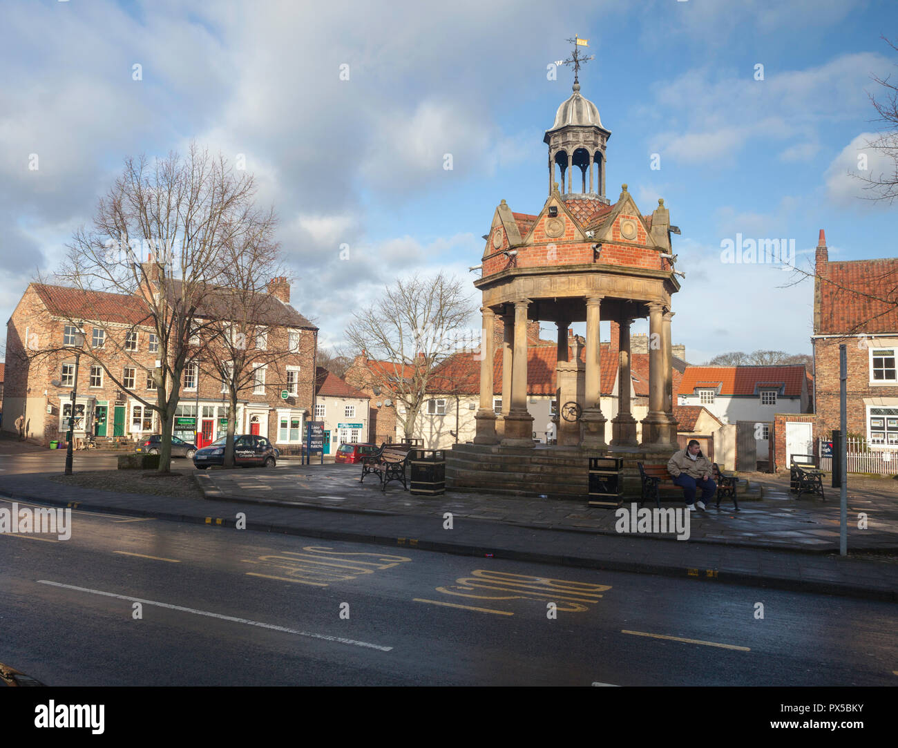 The Market Cross fountain in Boroughbridge, North Yorkshire Stock Photo