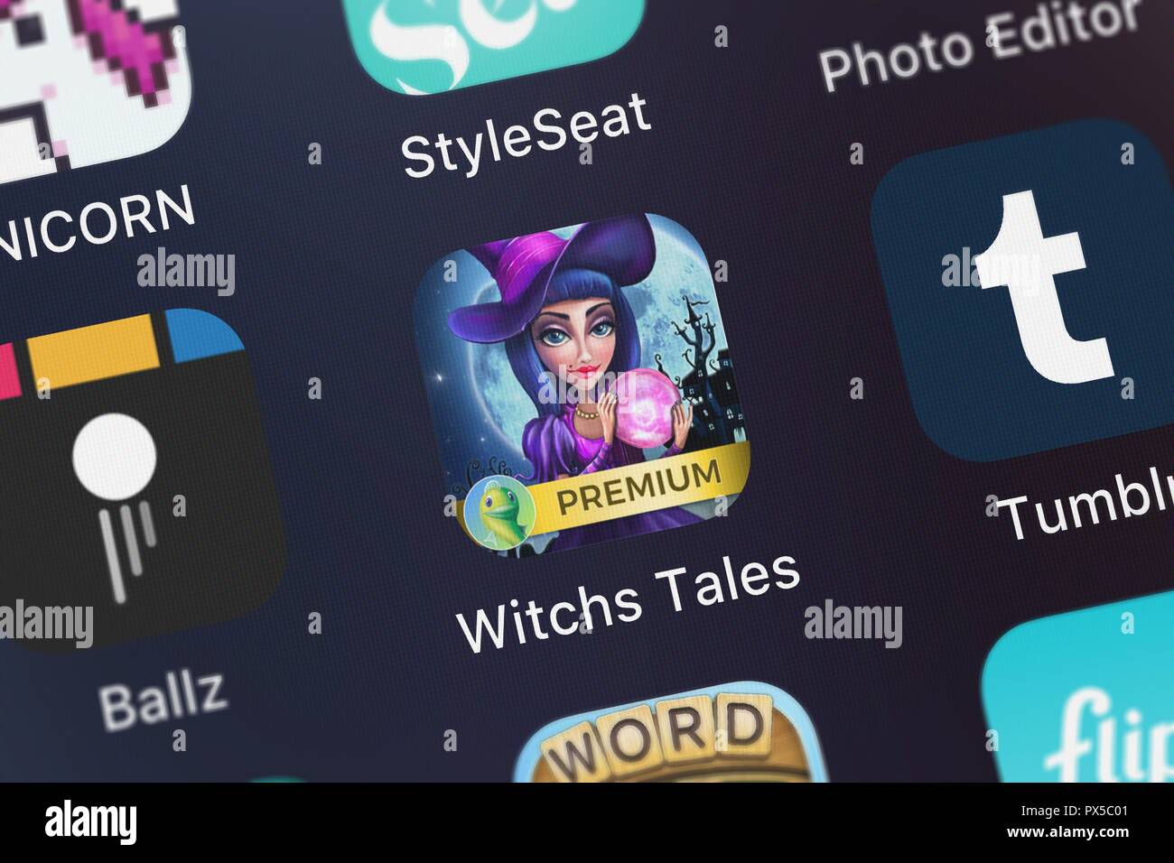 London, United Kingdom - October 19, 2018: Screenshot of Big Fish Premium, LLC's mobile app Witch's Tales. Stock Photo