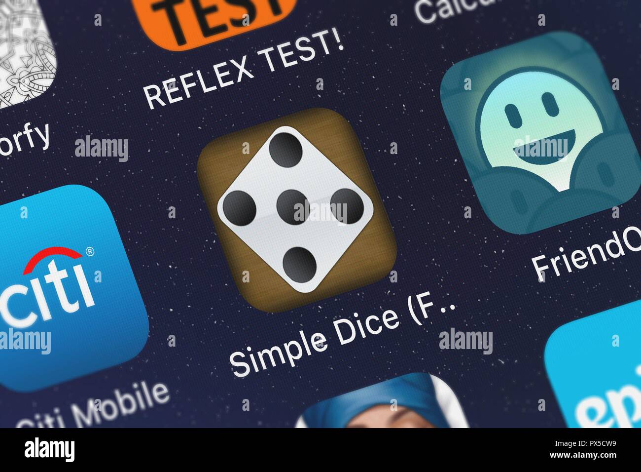 London, United Kingdom - October 19, 2018: Close-up shot of the Simple Dice (FREE) application icon from Ronald Bell on an iPhone. Stock Photo