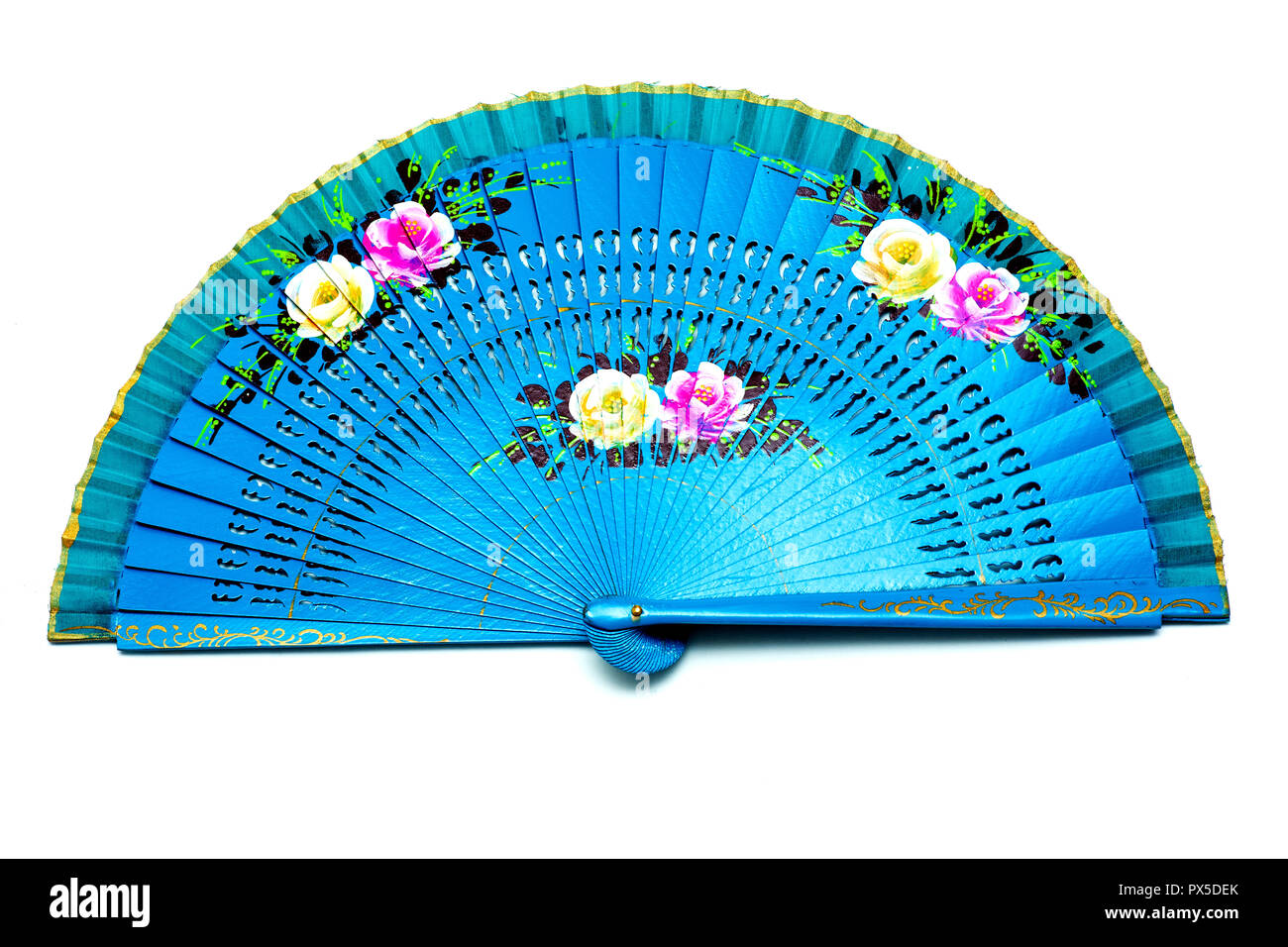 Blue Open Hand Fan Isolated on a White Background Stock Photo