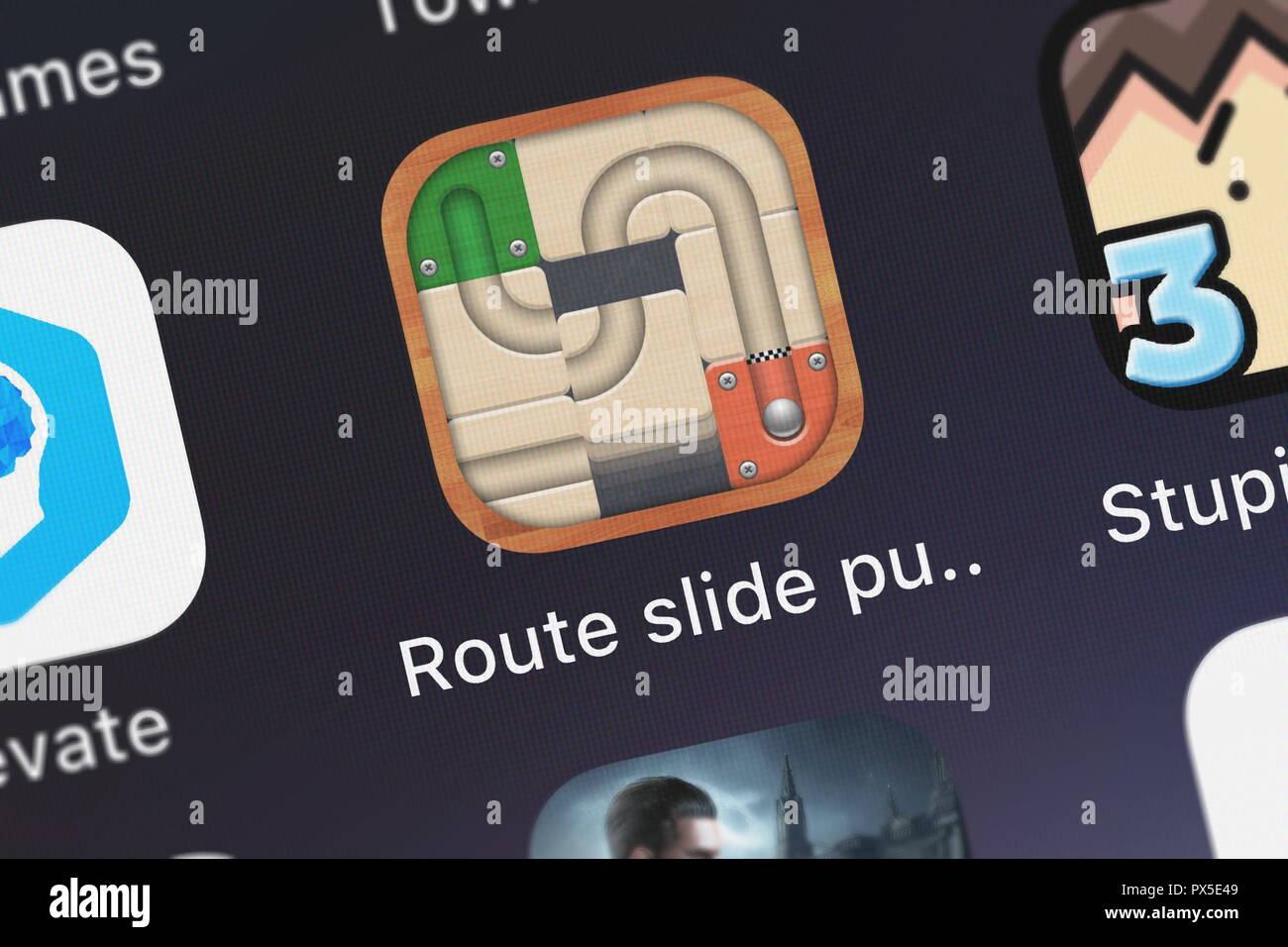 London, United Kingdom - October 19, 2018: Close-up shot of the Route slide puzzle game mobile app from MagicAnt,Inc. Stock Photo
