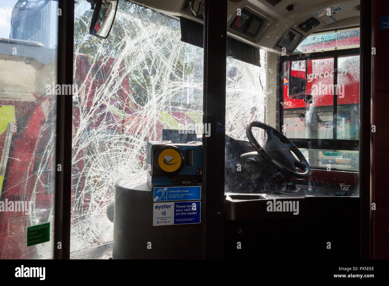 The resulting damage to a London bus's windscreen after a crash involving three buses at Elephant and Castle, on 16th October 2018, in London, England. Stock Photo