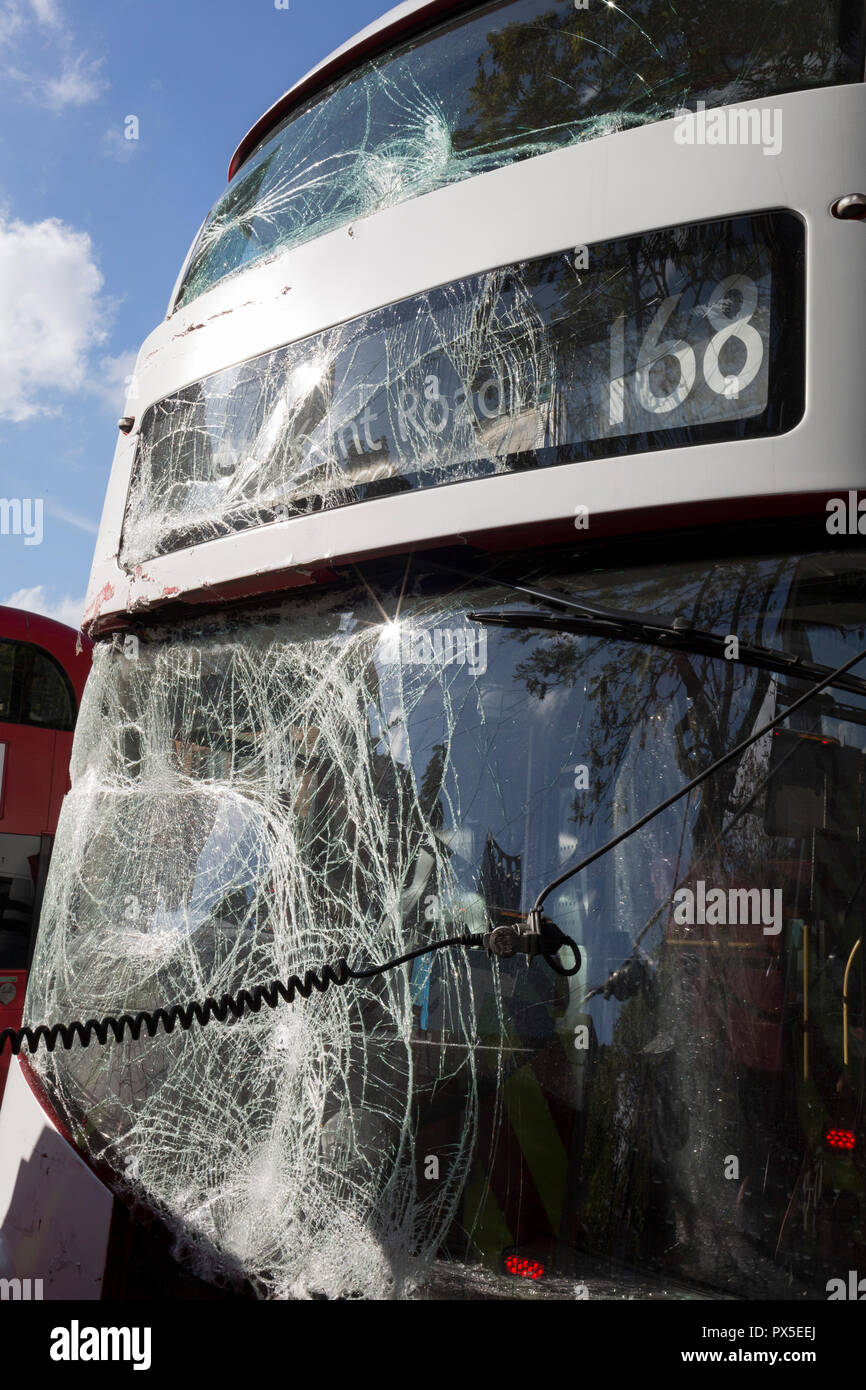 The resulting damage to a London bus's windscreen after a crash involving three buses at Elephant and Castle, on 16th October 2018, in London, England. Stock Photo