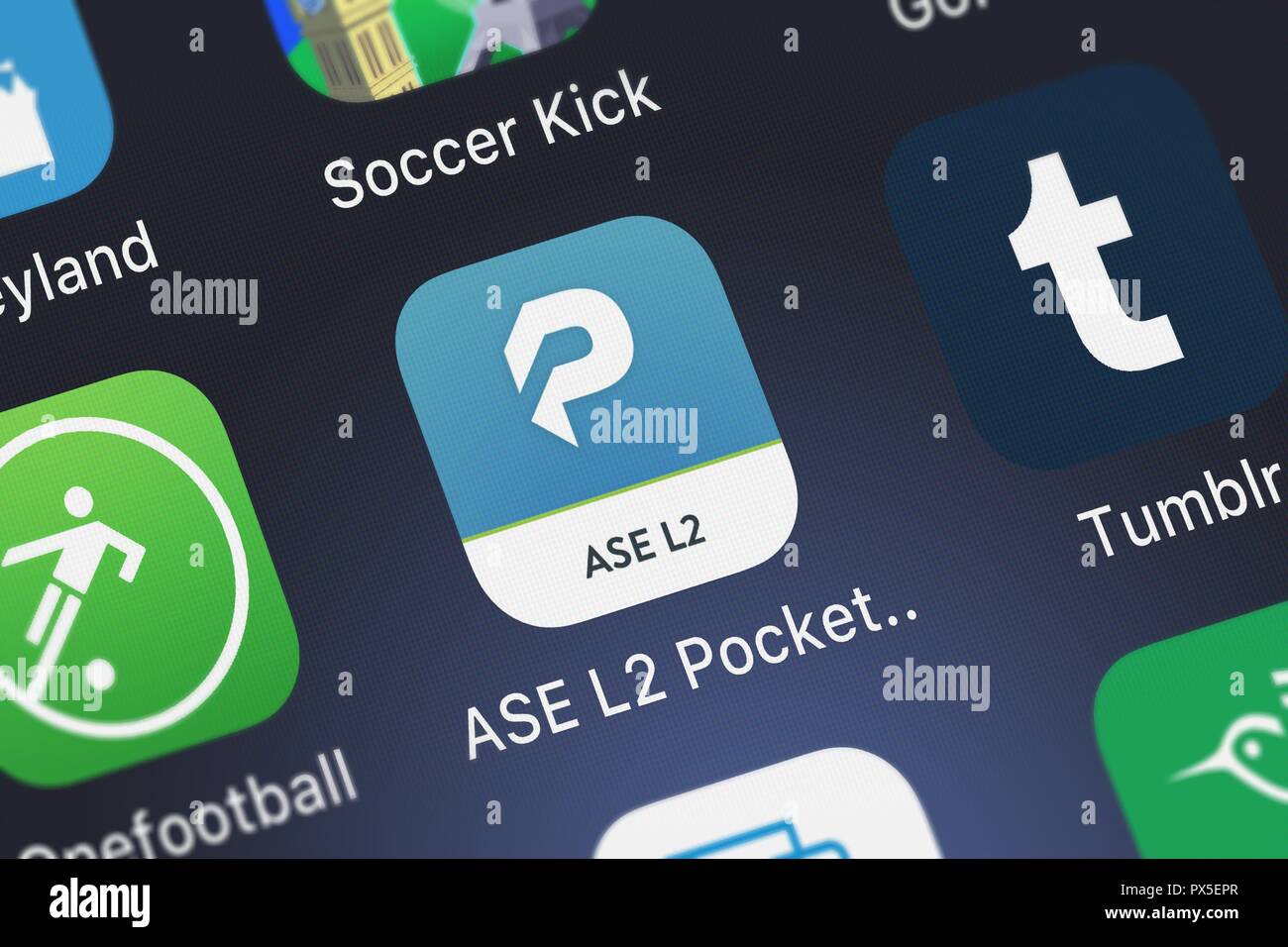 London, United Kingdom - October 19, 2018: Close-up shot of the ASE L2 Pocket Prep application icon from Pocket Prep, Inc. on an iPhone. Stock Photo