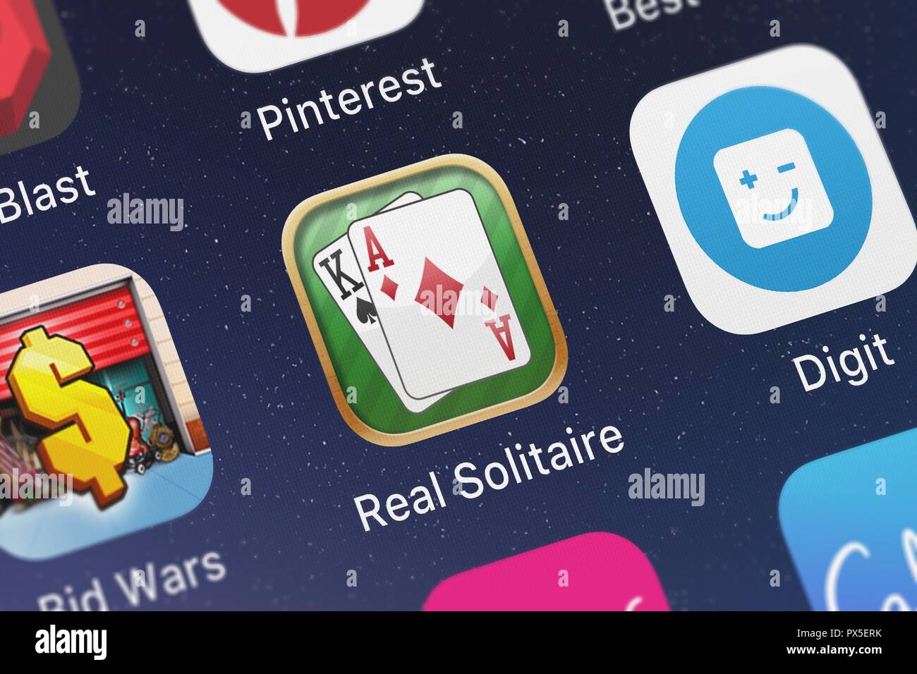 London, United Kingdom - October 19, 2018: Screenshot of the Real Solitaire mobile app from EdgeRift, Inc. icon on an iPhone. Stock Photo