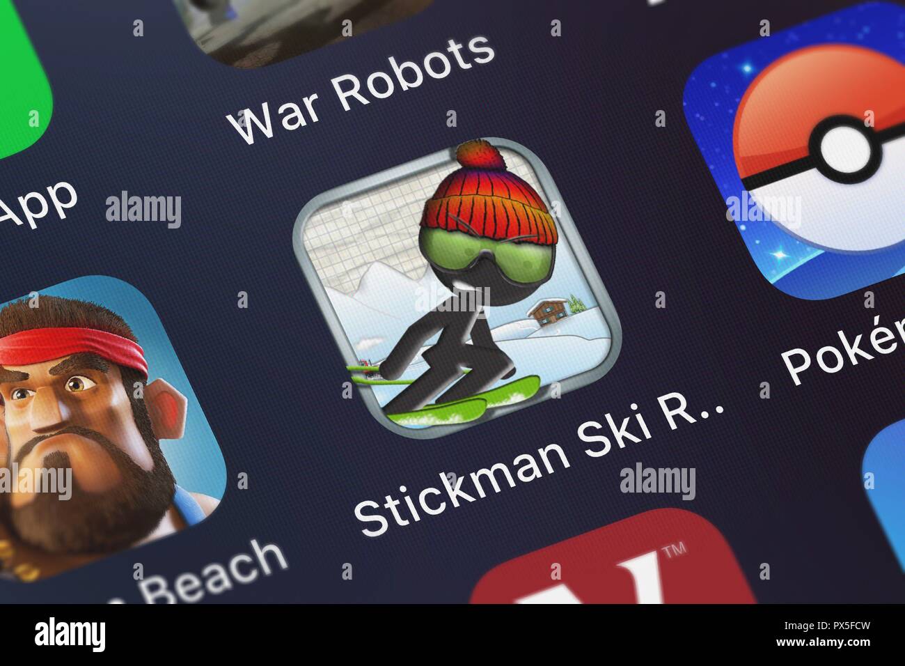 London, United Kingdom - October 19, 2018: Icon of the mobile app Stickman Ski Racer from Djinnworks GmbH on an iPhone. Stock Photo