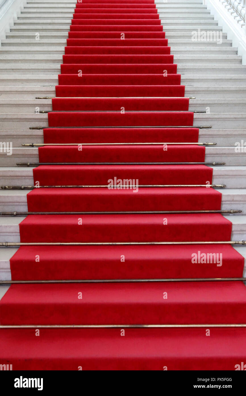Museum of Art and History. Red Carpet Leading Up Stairs.  Geneva. Switzerland. Stock Photo