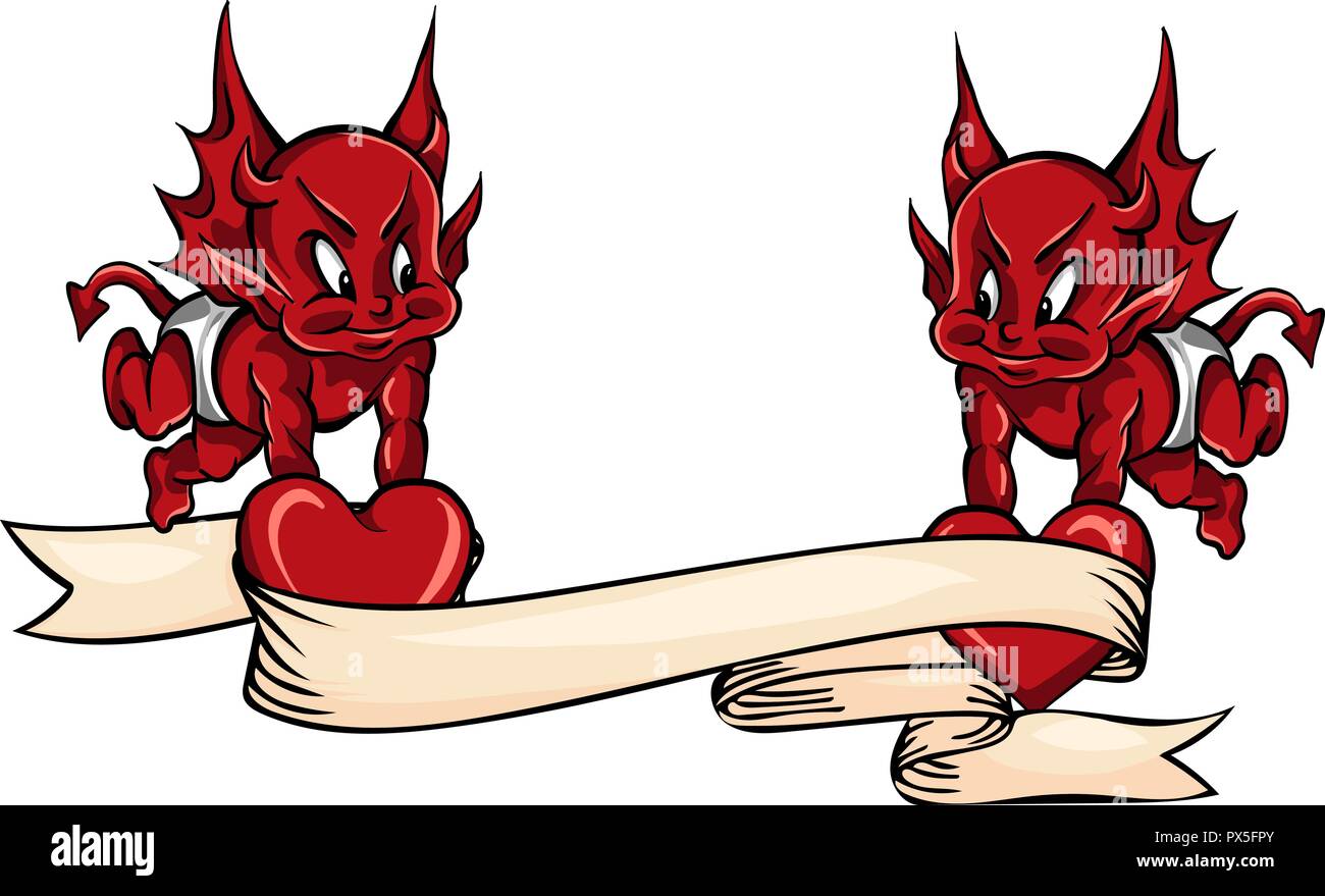 vector illustration Devil Monster with hearth and ribbon Stock Vector
