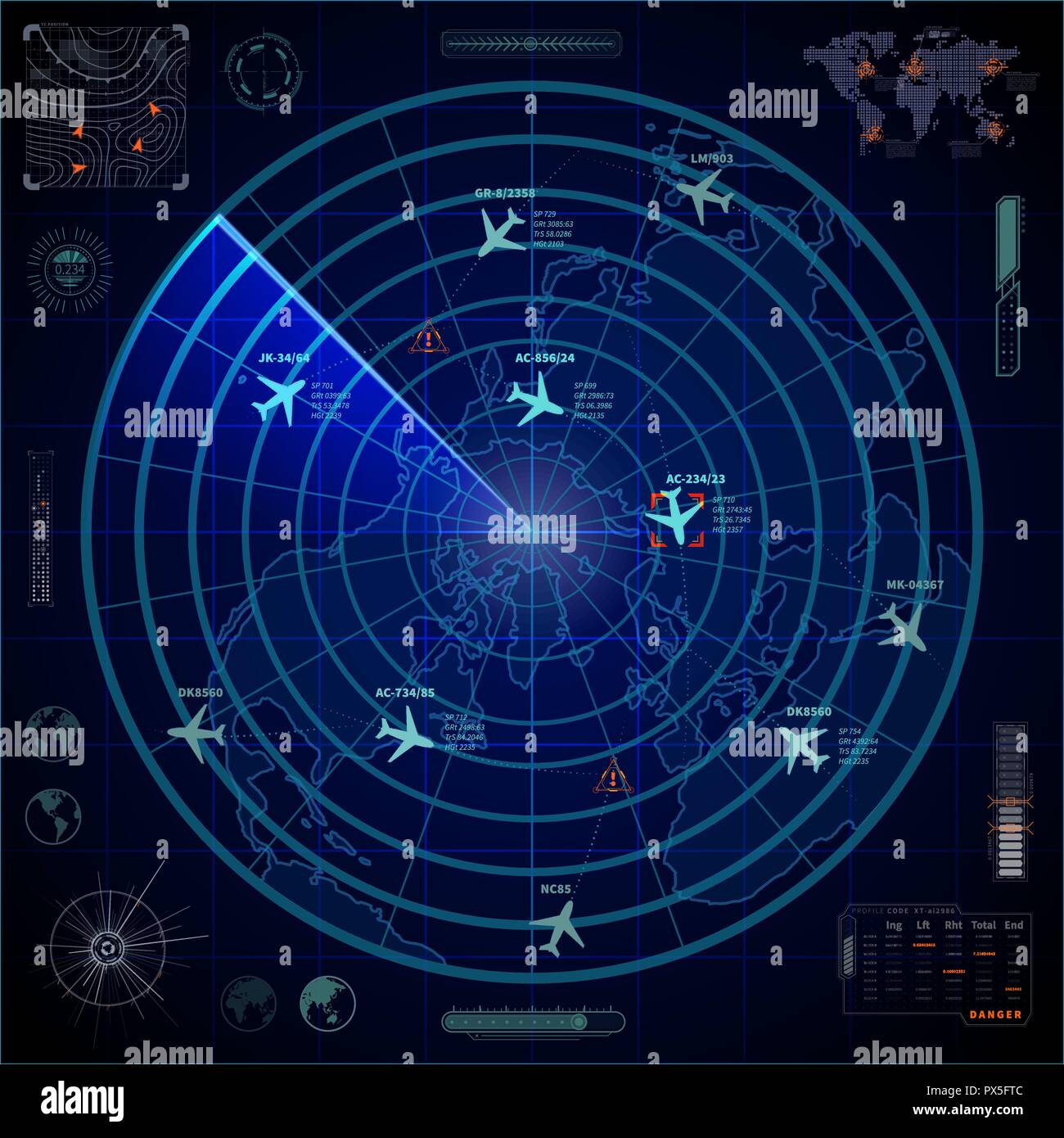 Bright military radar display with with planes traces and target signs ...