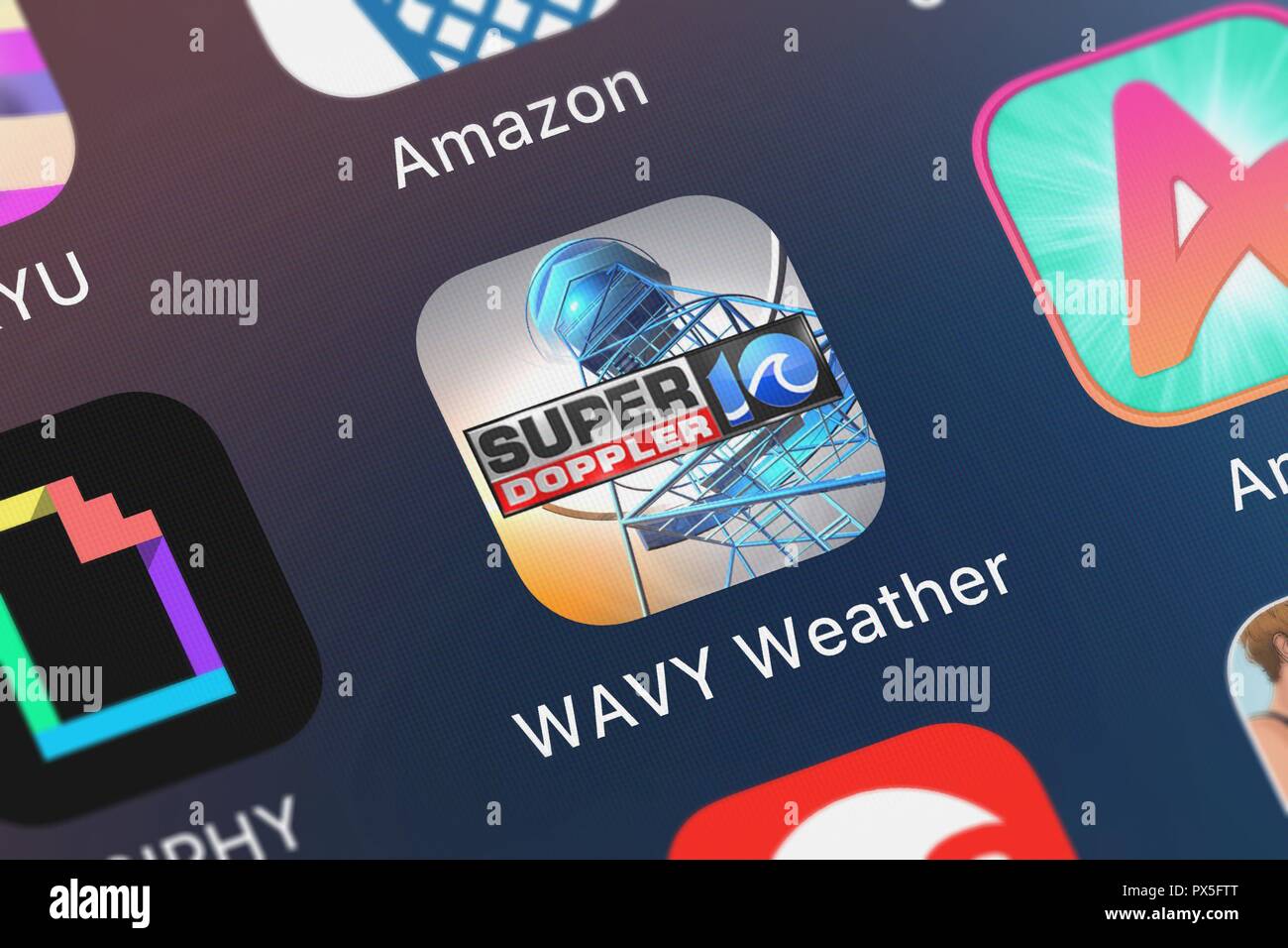 London, United Kingdom - October 19, 2018: Screenshot of LIN Television Corporation's mobile app WAVY Weather. Stock Photo