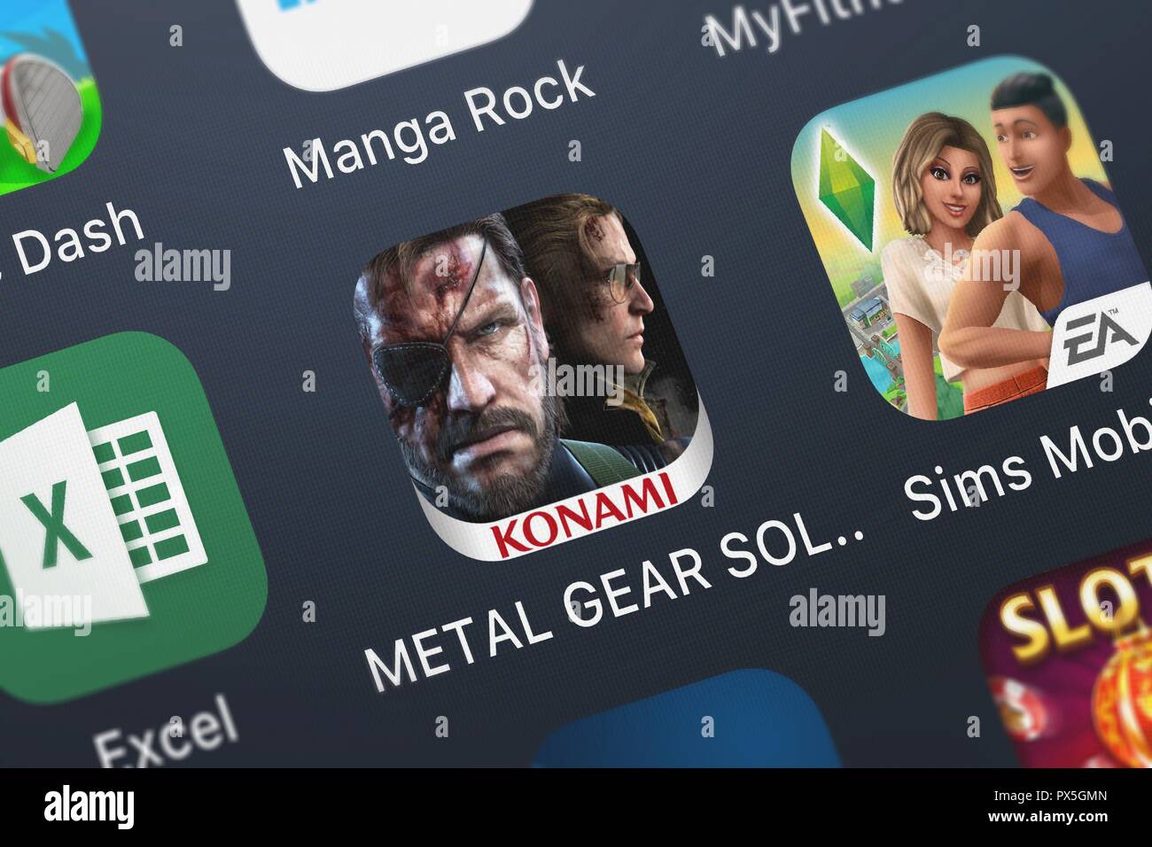 London, United Kingdom - October 19, 2018: Close-up shot of the METAL GEAR SOLID V: GROUND ZEROES application icon from KONAMI on an iPhone. Stock Photo