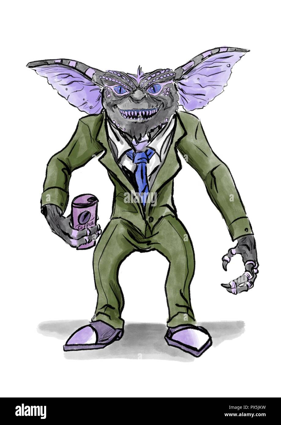 a gremlin in a suit drinking coffee Stock Photo