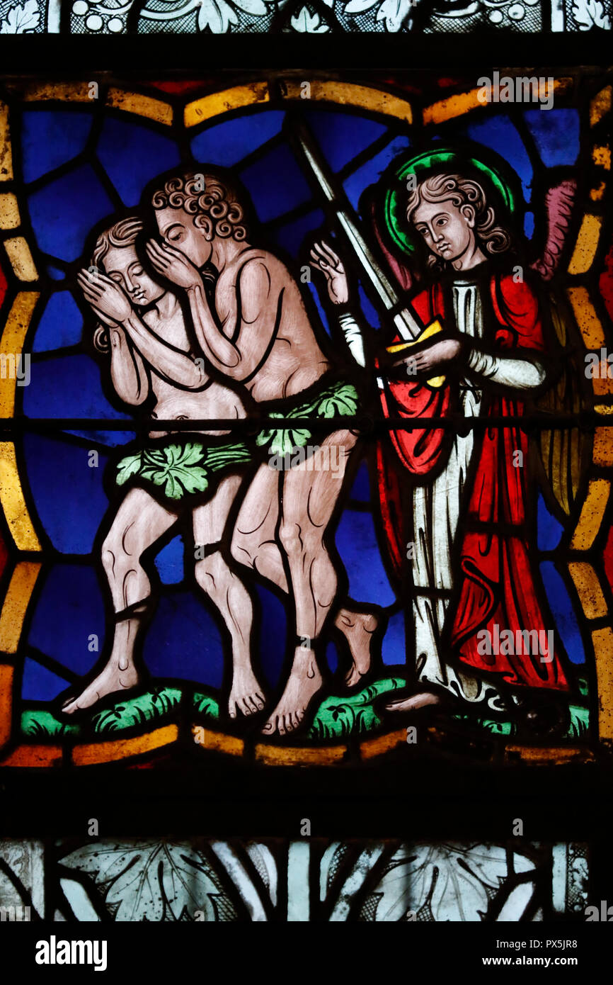 Saint-Pierre-le-Jeune Protestant Church.  The Expulsion from the Garden of Eden. Adam and Eve. Stained glass window.  Strasbourg. France. Stock Photo