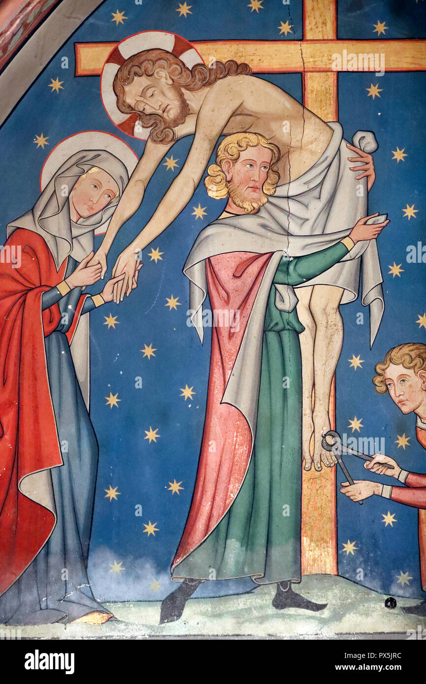 Saint-Pierre-le-Jeune Protestant Church.  Passion of Christ. Jesus is taken down from the cross.  Fresco.  Strasbourg. France. Stock Photo