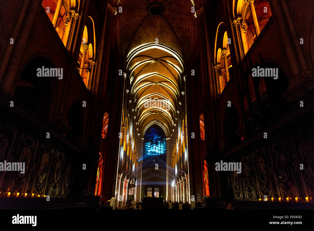 Sound and light show at Notre Dame cathedral, Paris, France. Stock Photo