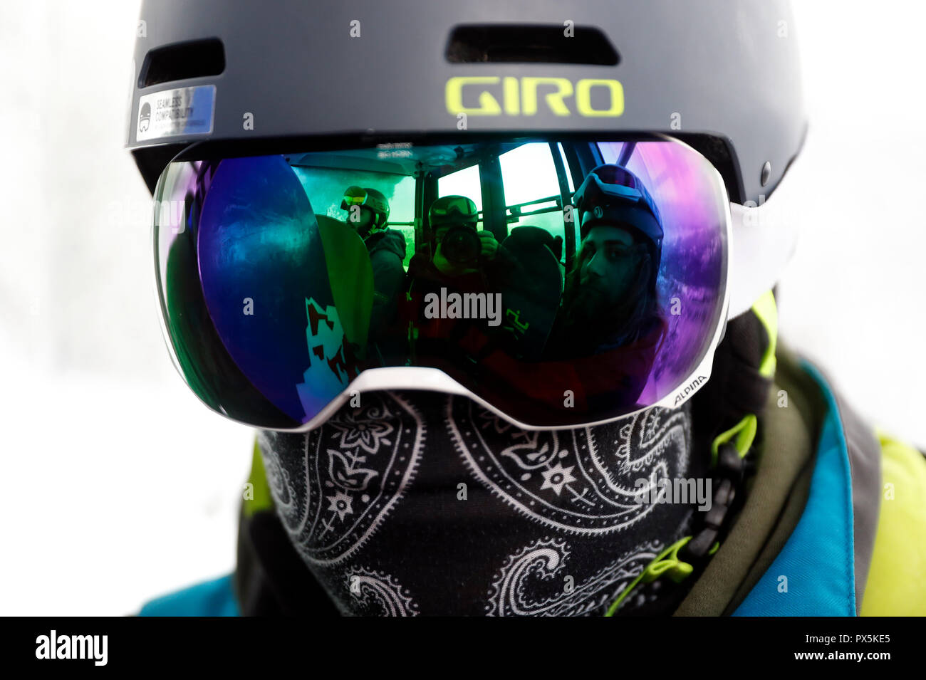 French Alps.  Skier wearing helmet and goggles. Saint-Gervais. France. Stock Photo