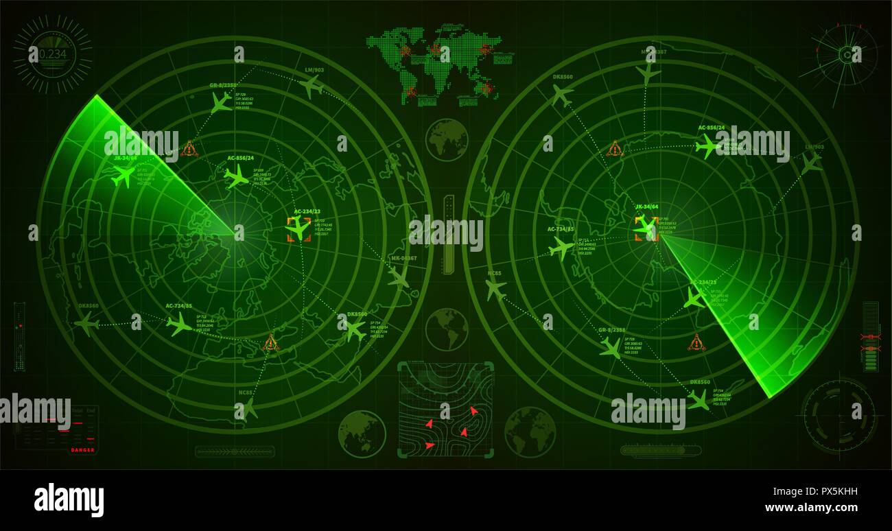 Detailed military radar with two green displays with with planes traces